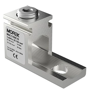  MAC1150E10 MAC1150E10 Univerzalni konektor OT150 1xAl/Cu 16-150 mm2 Univerzalne stezaljke OT se koriste za povezivanje bakarnih i
aluminijumskih provodnika sa sabirnicom. Konektori omogućavaju
povezivanje jednog ili dva provodnika. Telo stezaljke i zavrtanj za
zatezanje su napravljeni od specijalne legure aluminijuma, a zatim
kalajisane.
Površina zavrtnja koja ostvaruje kontakt premazana je kontaktnom
pastom radi bolje provodnosti. Kontaktna površina takođe ima
useke koji onemogućavaju izvlačenje provodnika. 
