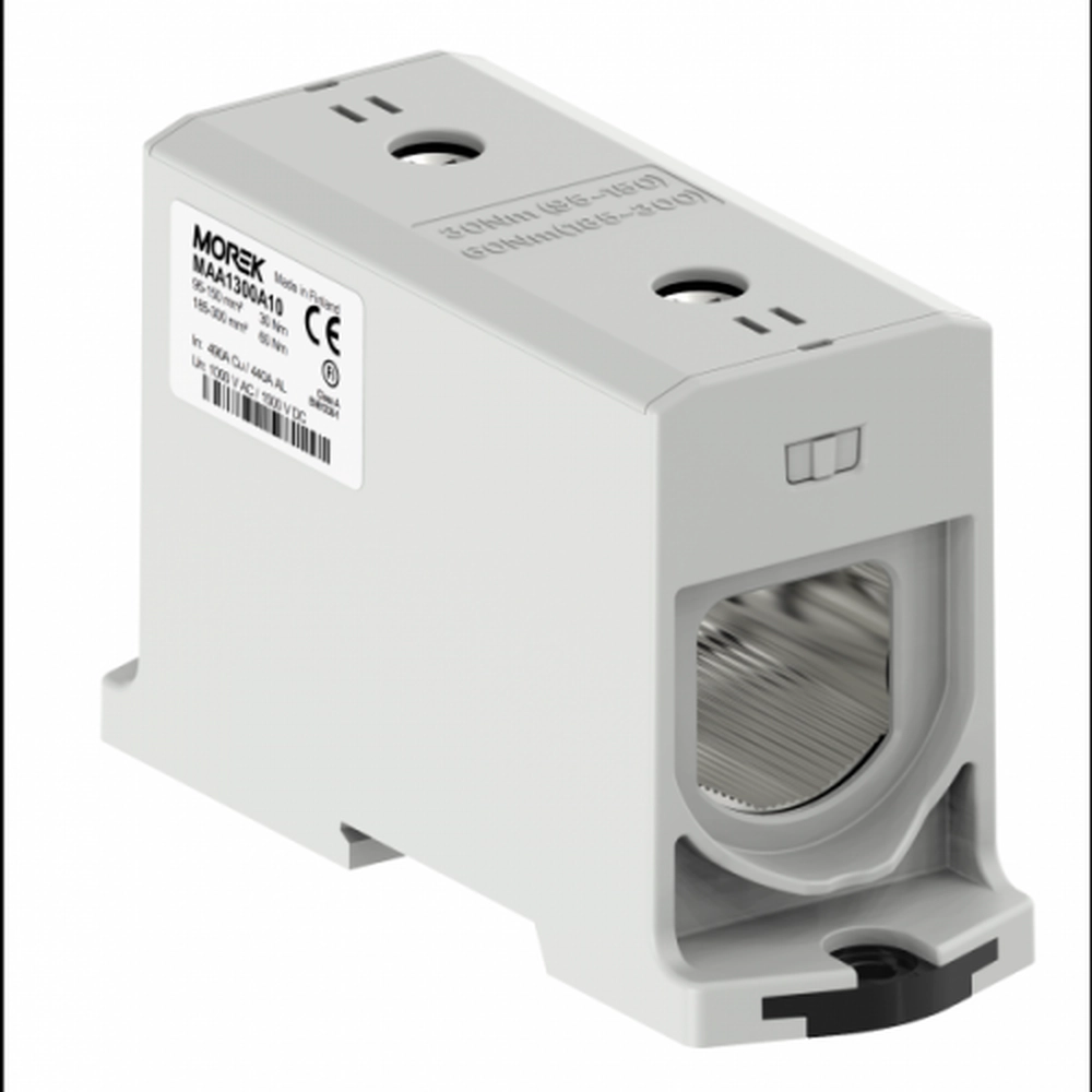  MAA1300A10 MAA1300A10 OTL300-1 siva 1xAl/Cu 95-300mm² 1000V Univerzalna stezaljka Morek siva univerzalna stezaljka 95-300mm²
Nominalni napon 1000 V AC / 1500 V DC
Nominalna struja 490 (Cu) / 440 (Al) A
UL94 V0
Dužina 106mm²
Širina 44mm²
Visina 71mm²