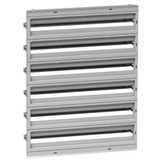  NSYDLA234G NSYDLA234G Modularna distributivna šasija 234 mod. NSYPLM108,NSYS3D108,NSYCRN108,NSYS3X108 Tip proizvoda ili komponente	
Šasija
Kratko ime uređaja	
DLA
For enclosure nominal dimensions	
-
Lokacija za montiranje	
Prednja strana ormana
Kompatibilnost grupe proizvoda	
Spacial S3D
Spacial CRN
Spacial S3X
Thalassa PLM
Sastav uređaja	
1 konstrukcija šasije
2 završni poklopac
1 sabirnica nule/uzemljenja 2 x 16 mm² 5 x 6 mm²
6 prednji paneli sa 35 mm DIN šinom
Količina po setu	
Set od 1
Dopunske informacije
Materijal	
Prednji panel: samogasiva izolacija
Konstrukcija šasije i šine: čelik
Boja	
Prednji panel: siva (RAL 7035)
Način fiksiranja	
Sa elementom za fiksiranje - napred sa nosačima lokacija
Podešavanje	
U visinu od 40 do 85 mm za DIN šinu
Broj horizontalnih redova	
6
Ukupan broj 18 mm modula	
234
Tip prednje ploče	
Puna i ploče sa otvorima
Broj otvora	
6 izreza
Visina	
980 mm
Širina	
760 mm