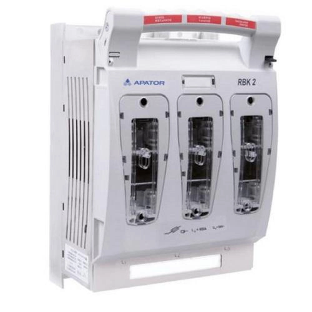  RBK2 PRO M Rastavno osiguračko postolje RBK2 PRO M Apator, montaža na montažnu ploču Uređaj širine 250mm za montažu na
ploču; namenjen za upotrebu sa nožastim
osiguračima do 400A, veličine NV2. 
Priključak:
S - Stezaljke za provodnik 70 - 185mm2
M - Zavrtnjevima za papučicu do 240mm2 
