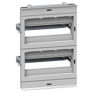  NSYDLA24G NSYDLA24G Modularna distributivna šasija 24 modula za NSYPLM43,NSYS3D43,NSYCRN43,NSYS3X43 Tip proizvoda ili komponente	
Šasija
Kratko ime uređaja	
DLA
For enclosure nominal dimensions	
-
Lokacija za montiranje	
Prednja strana ormana
Kompatibilnost grupe proizvoda	
Spacial S3D
Spacial CRN
Spacial S3X
Thalassa PLM
Sastav uređaja	
1 konstrukcija šasije
2 završni poklopac
1 sabirnica nule/uzemljenja 2 x 16 mm² 5 x 6 mm²
2 prednji paneli sa 35 mm DIN šinom
Količina po setu	
Set od 1
Dopunske informacije
Materijal	
Prednji panel: samogasiva izolacija
Konstrukcija šasije i šine: čelik
Boja	
Prednji panel: siva (RAL 7035)
Način fiksiranja	
Sa elementom za fiksiranje - napred sa nosačima lokacija
Podešavanje	
U visinu od 40 do 85 mm za DIN šinu
Broj horizontalnih redova	
2
Ukupan broj 18 mm modula	
24
Tip prednje ploče	
Puna i ploče sa otvorima
Broj otvora	
2 izreza
Visina	
380 mm
Širina	
260 mm