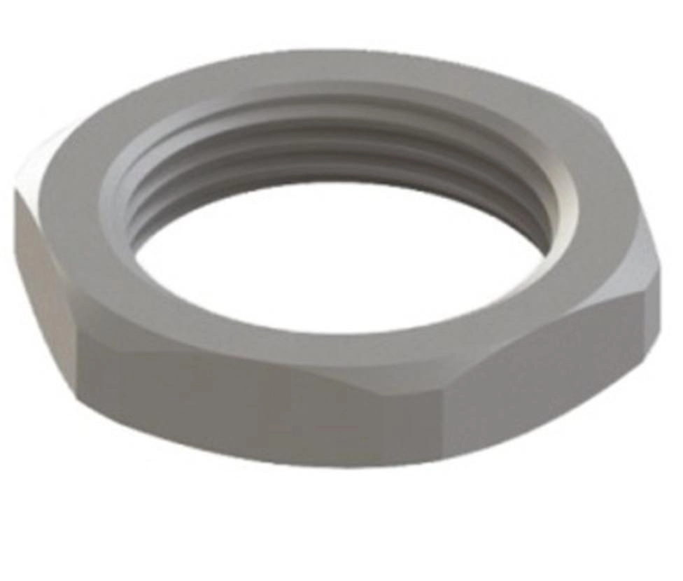  MBP2LS16L0 MBP2LS16L0 Kontramatica M16 PA6 RAL7035 svetlosiva Plastic lock nuts Technical specification Material • Lock nut: polyamide PA6 V2 + 30% glass fibers • Connection thread: metric (EN 60423) / PG (DIN 40430) Features • For tightening cable glands • Temperature range of use: -20 °C +100 °C; -30 °C +150 °C (short-term) • UV resistance • Halogen-free

• Šestougaona kontra matica: poliamid PA6 V2 + 30% GF
• Priključni navoj: metrički (EN 60423)
• Za zatezanje kablovskih uvodnica
• Temperaturni opseg: -20 ° C +100 ° C; -30 ° C +150 ° C (kratkotrajno)
• UV otpornost
• Bez halogena 