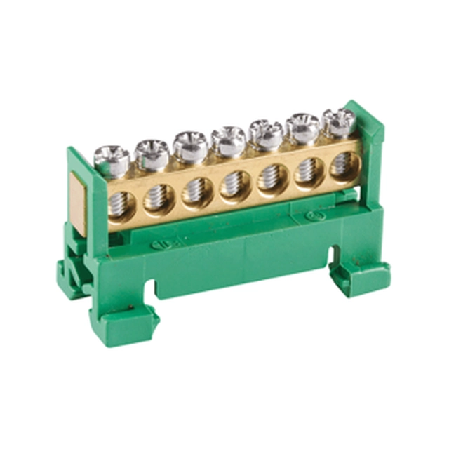  MAD0007G21 MAD0007G21 Stezaljka zelena za provodnik uzemljenja 7 otvora 1,5-16mm2 Cu, Al 230/400V 63A Stezaljke za nulu i zemlju NPE (mostovi) mogu biti montirani
na DIN šinu poprečno i na metalnu traku 2 x 10 mm uzdužno,
ili uz pomoć zavrtnja na ravnu površinu. Mehanizam nosača za
DIN šinu je napravljen od visoko termalno i mehanički otpornog,
samogasivog materijala. Ove stezaljke imaju IP00 stepen žaštite i
namenjeni su za unutrašnju upotrebu. Nude se u četiri boje.