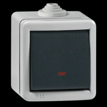  2891.1A 2891.1A Sklopka jednopolna indikatorska, 16A Sklopka jednopolna indikatorska
Indikacija svetli kada je sklopka uključena, crveno indikacijsko svetlo
Ugradnja na zid pomoću vijaka prečnika do 4mm
Nominalni struja/napon: 16A / 250V~
Dimenzije (d, v, š): 65mm x 70mm x 56mm
Stepen zaštite: IP 55
Standard: IEC 60669-1, IEC 60529 
