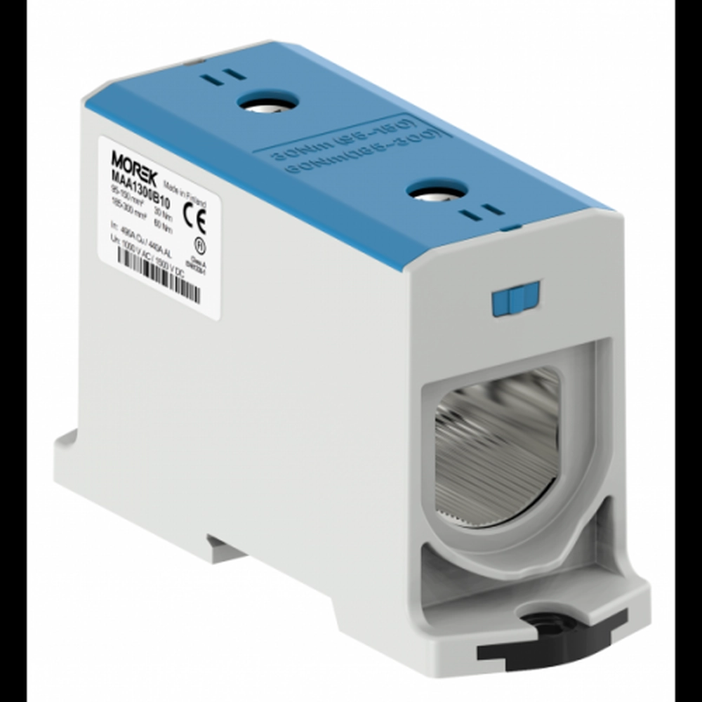  MAA1300B10 MAA1300B10 OTL300-1 plava 1xAl/Cu 95-300mm² 1000V Univerzalna stezaljka Morek plava univerzalna stezaljka 95-300mm²
Nominalni napon 1000 V AC / 1500 V DC
Nominalna struja 490 (Cu) / 440 (Al) A
UL94 V0
Dužina 106mm²
Širina 44mm²
Visina 71mm²