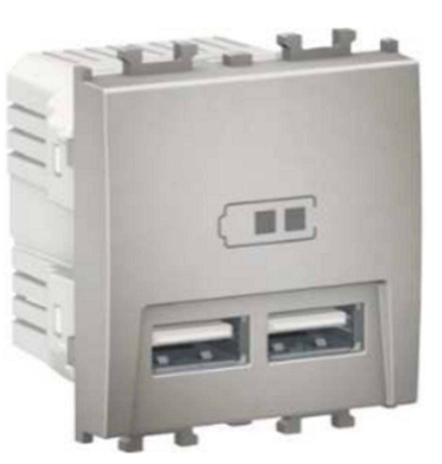  LMR9910004 LMR9910004 Easy Styl, USB punjač, 2 modula, srebrni ● Nazivni ulazni napon: 100-240 V AC
● Izlazni napon USB-a: 5 V DC
● Nazivna izlazna struja:: 1 x 2.1 A or 2 x 1.05 A (kod 2 izlaza) 